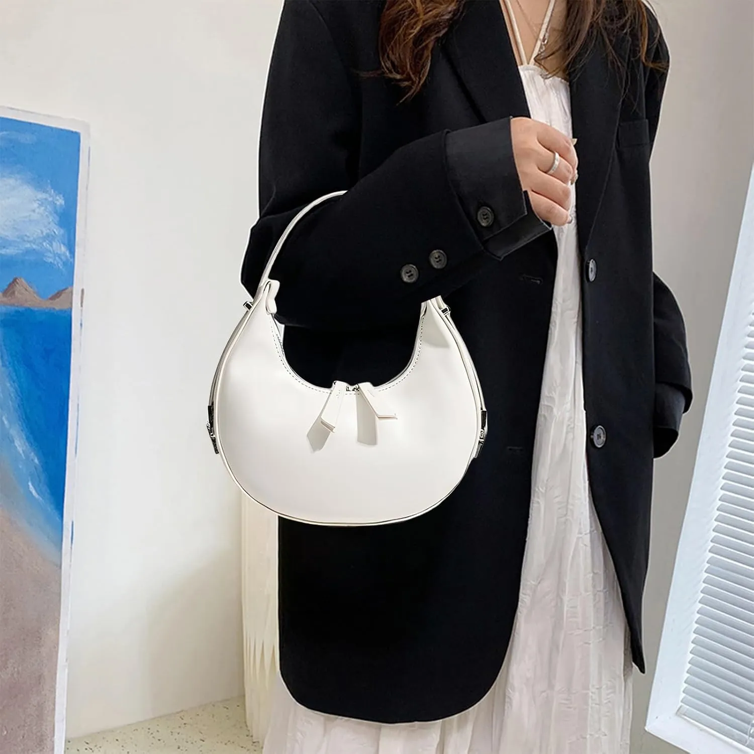 YYW Womens Clutch Purse Shoulder Handbags Crescent Bag Leather Zipper Adjustable Shoulder Strap Hand Bags (White)