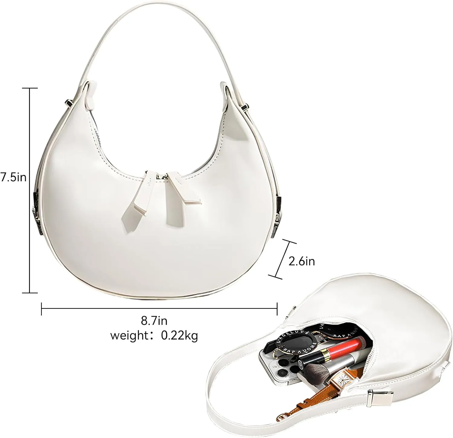 YYW Womens Clutch Purse Shoulder Handbags Crescent Bag Leather Zipper Adjustable Shoulder Strap Hand Bags (White)