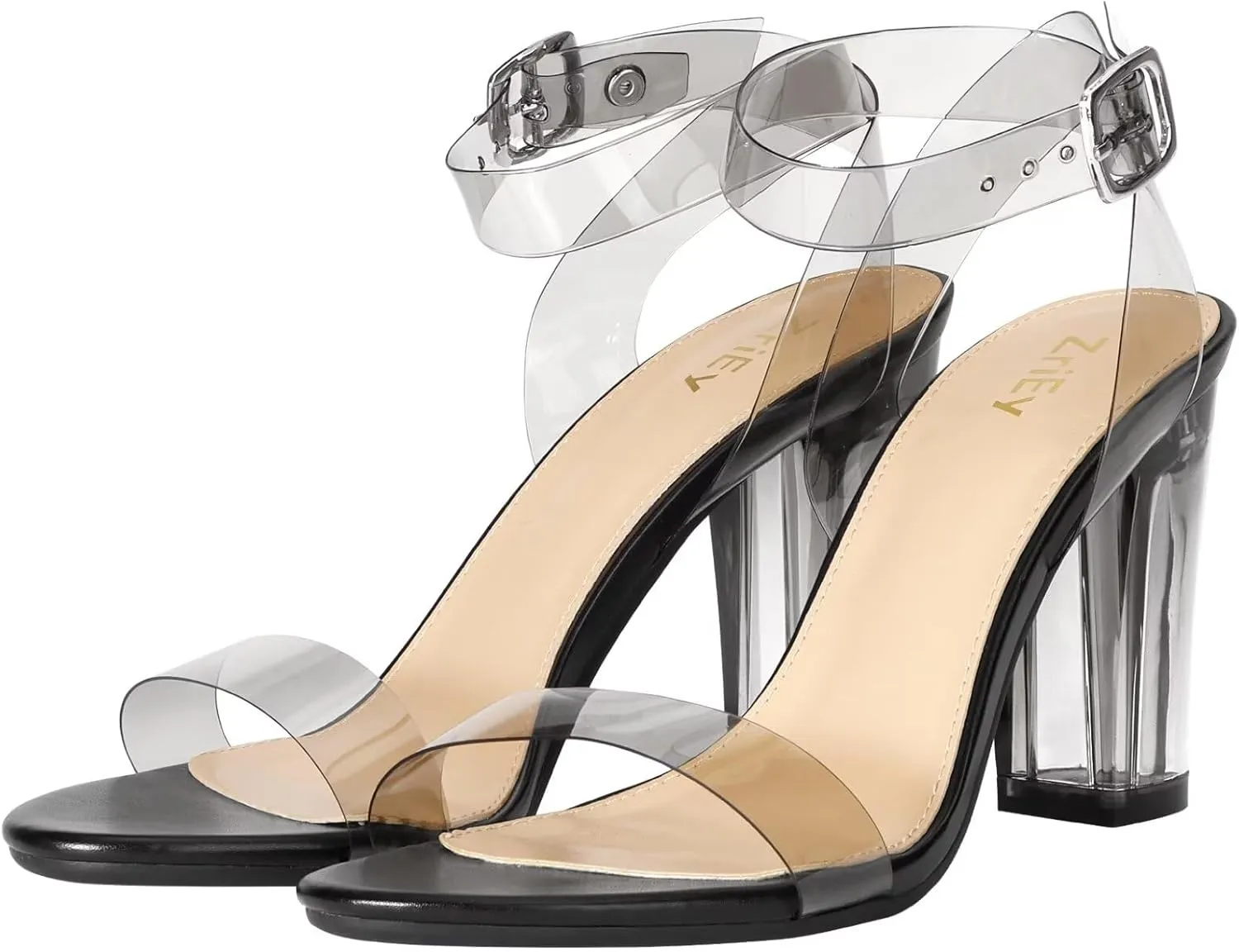 ZriEy Clear Block Sandals Chunky Heels for Women 3.35 Inch Open Toe Adjustable Ankle Strap Pump Sandals for Weddings Parties Daily Wear