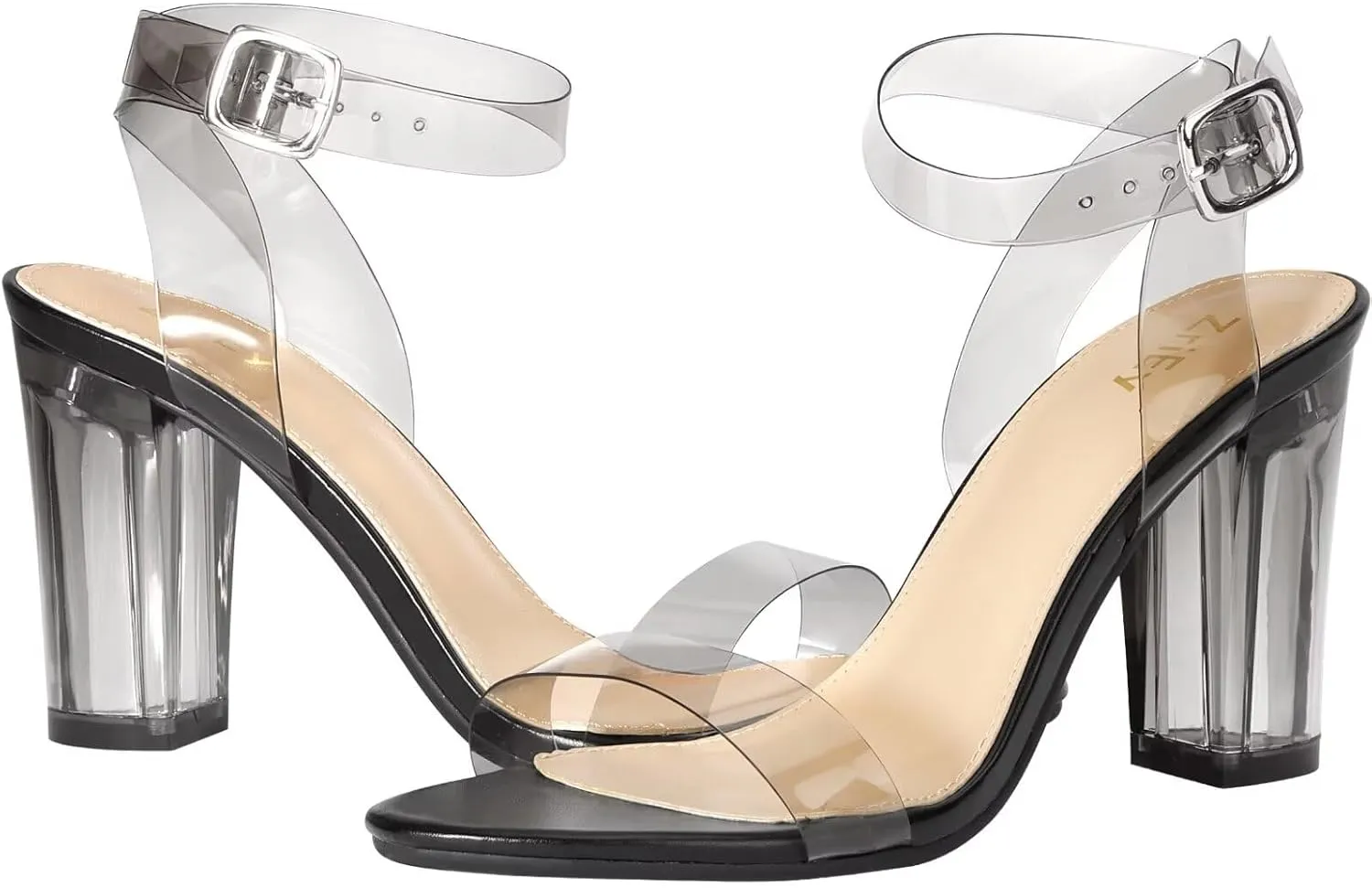 ZriEy Clear Block Sandals Chunky Heels for Women 3.35 Inch Open Toe Adjustable Ankle Strap Pump Sandals for Weddings Parties Daily Wear