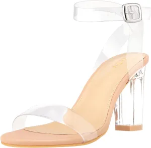 ZriEy Clear Block Sandals Chunky Heels for Women 3.35 Inch Open Toe Adjustable Ankle Strap Pump Sandals for Weddings Parties Daily Wear