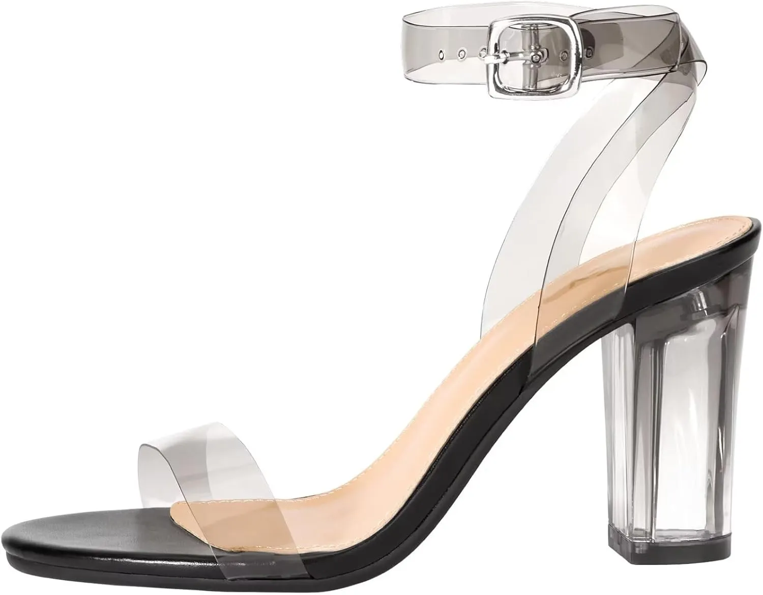 ZriEy Clear Block Sandals Chunky Heels for Women 3.35 Inch Open Toe Adjustable Ankle Strap Pump Sandals for Weddings Parties Daily Wear